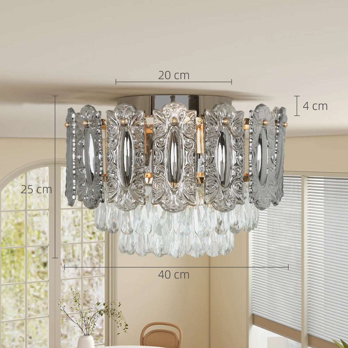 HOMCOM Chandelier Ceiling Light, 3-Light Vintage Flush Mount Fixture with Dual Crystal and Smoke Glass Shade, LED Ceiling Light for Living Room Bedroom, 3 E27 Sockets, Bulbs Not Included, Gold Tone