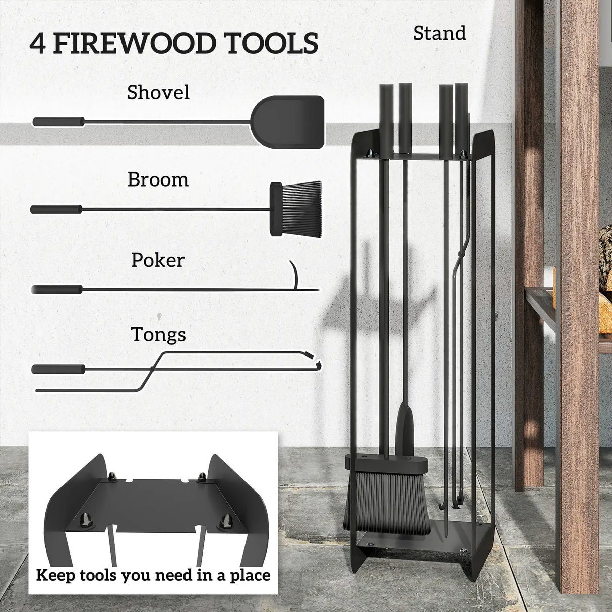 Outsunny 5 Pieces Fireplace Companion Set, Metal Fireplace Accessories Fireside Companion Set with Brush, Shovel, Poker, A Pair of Tongs, Stand, Black