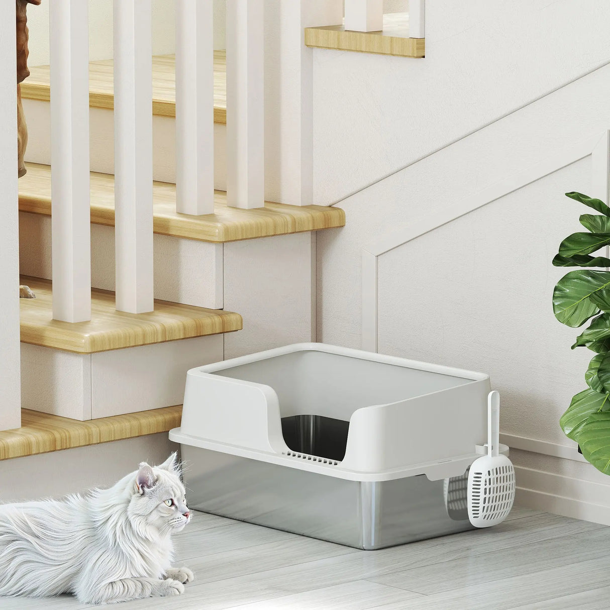 PawHut Stainless Steel Litter Box with Detachable Rim, Scoop, Easy Cleaning, Odour-Resistant, 60 x 40 x 28 cm