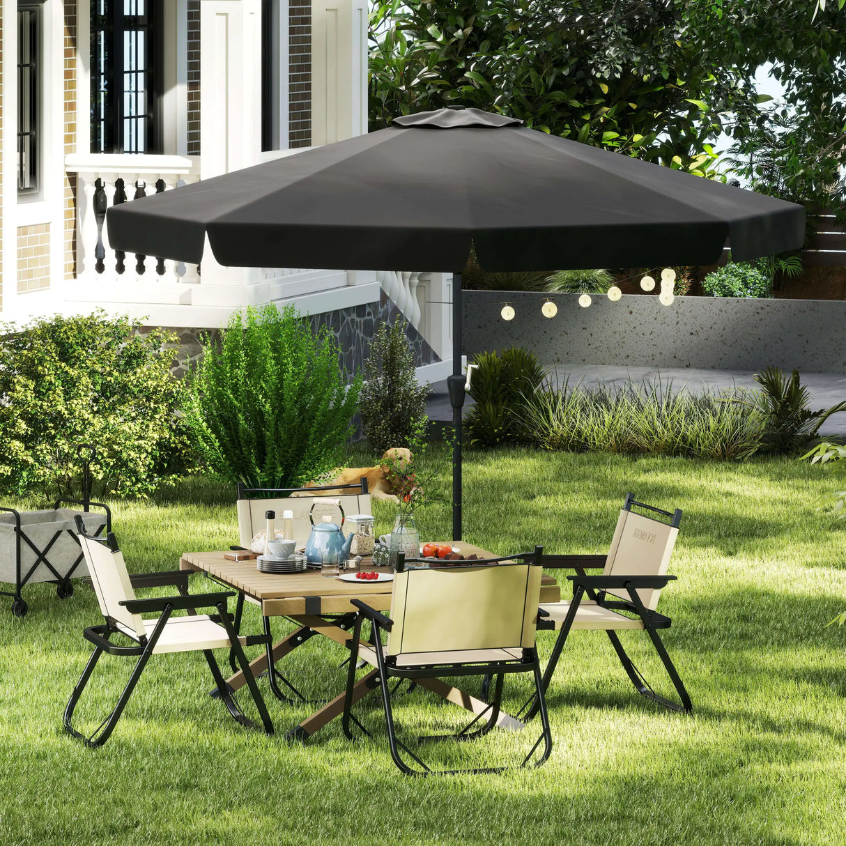 Outsunny 2.7m Patio Parasol Garden Umbrellas Outdoor Sun Shade Table Umbrella with Tilt, Crank, 8 Ribs, Ruffles, Black