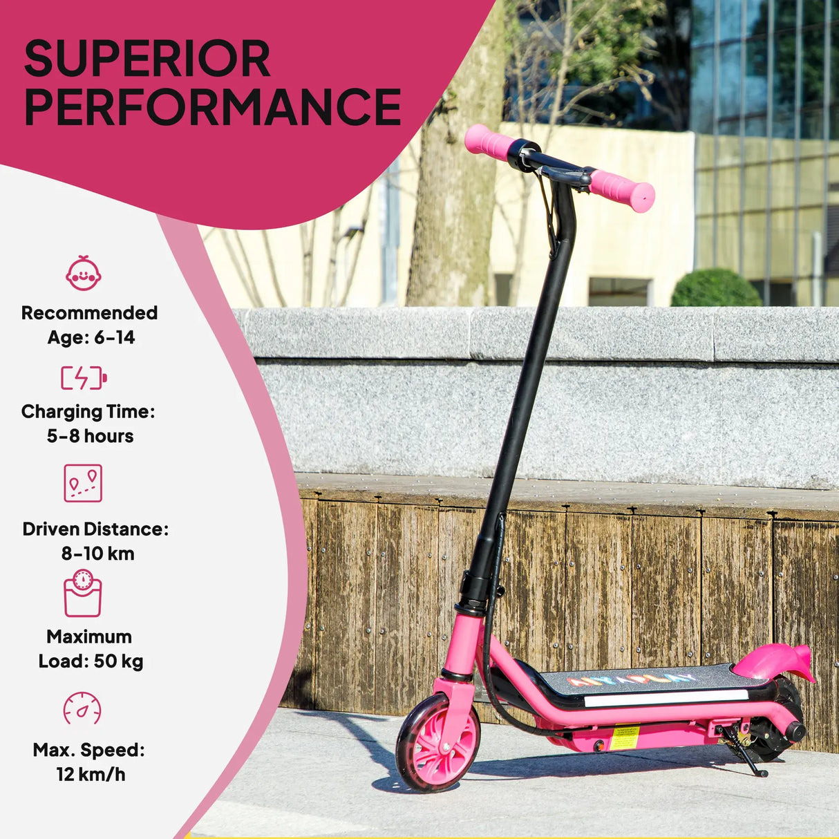 AIYAPLAY Electric Scooter for Kids Aged 6-14 Years, with Colourful Lights, Pink