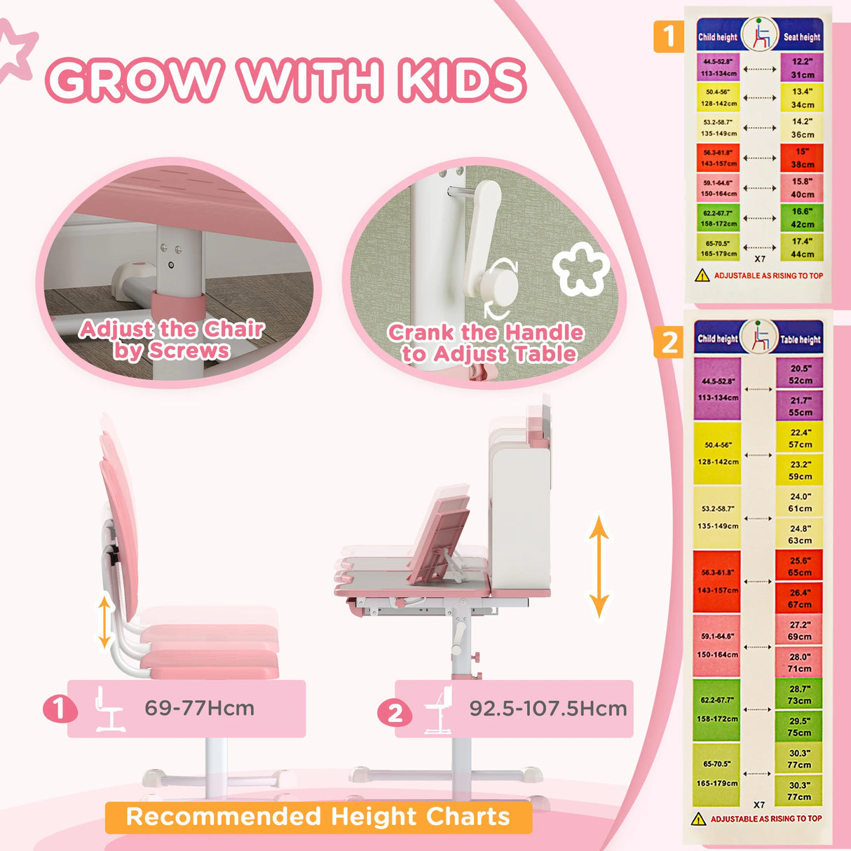 AIYAPLAY Height Adjustable Kids Desk and Chair Set, Children School Study Desk with Tiltable Desktop, Reading Rack, Pink