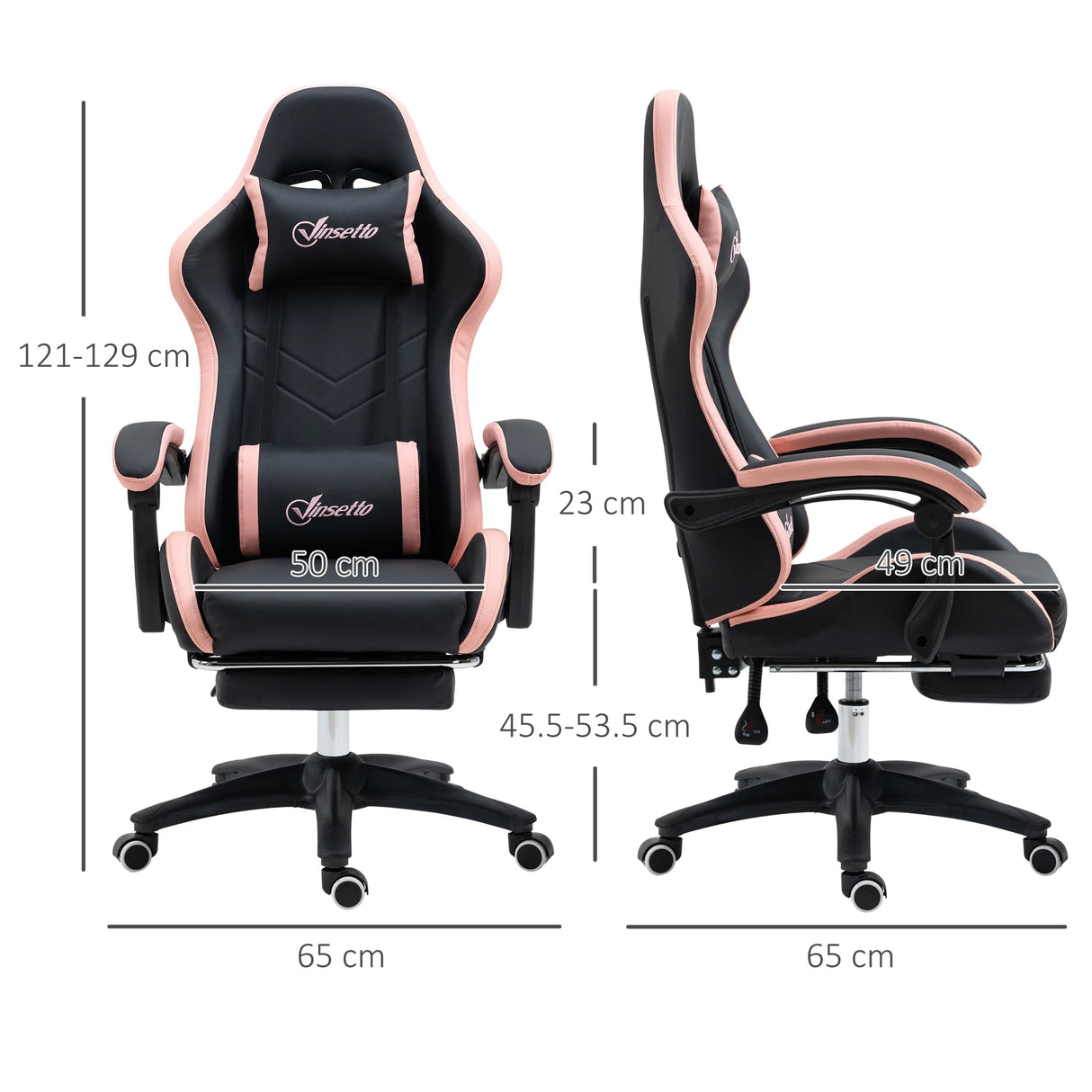 Vinsetto Computer Gaming Chair, PU Leather Office Desk Chair with Footrest, Swivel Wheels, 135 Reclining Back, Lumbar Support, Headrest for Home, Black and Pink