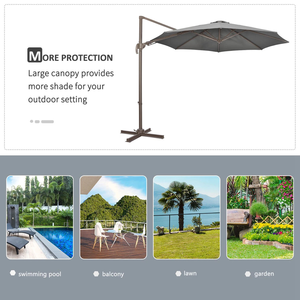 Outsunny 3(m) Cantilever Parasol 360 Rotation Roma Umbrella Hanging Sun Shade with Aluminium Frame, Tilt Crank, 8 Ribs and Cross Base, Dark Grey