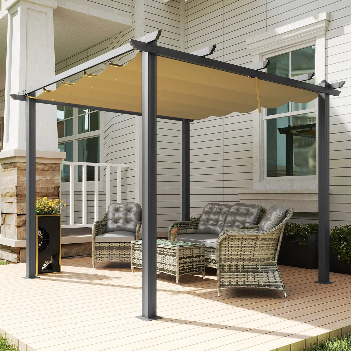 Outsunny 3 x 3m Aluminium Pergola, with Retractable Roof - Khaki