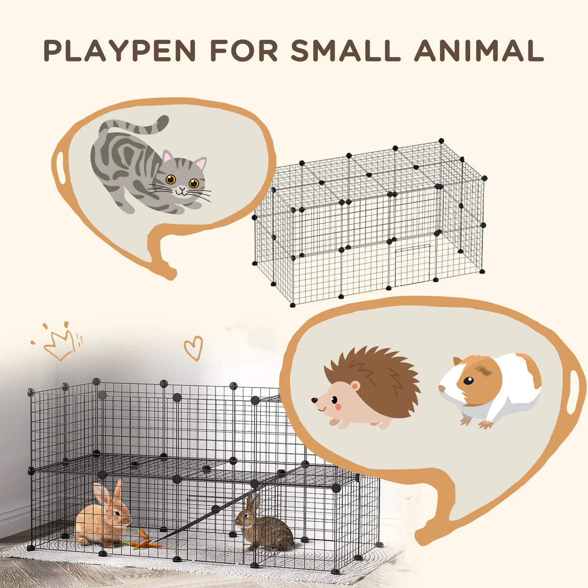 PawHut DIY Pet Playpen Metal Wire Fence Indoor Outdoor Rabbit Small Animals Cage 36 Panel Enclosure Black