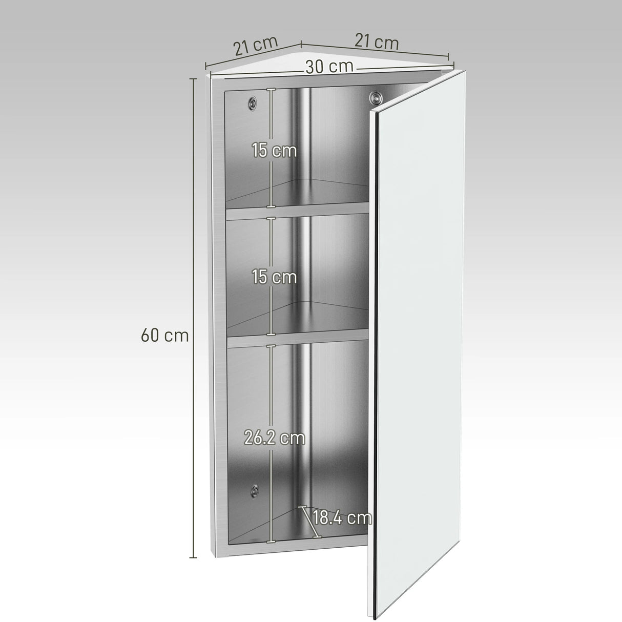 HOMCOM Stainless Steel Wall mounted Bathroom Corner Mirror Storage Cabinet Single Door 300mm (W)