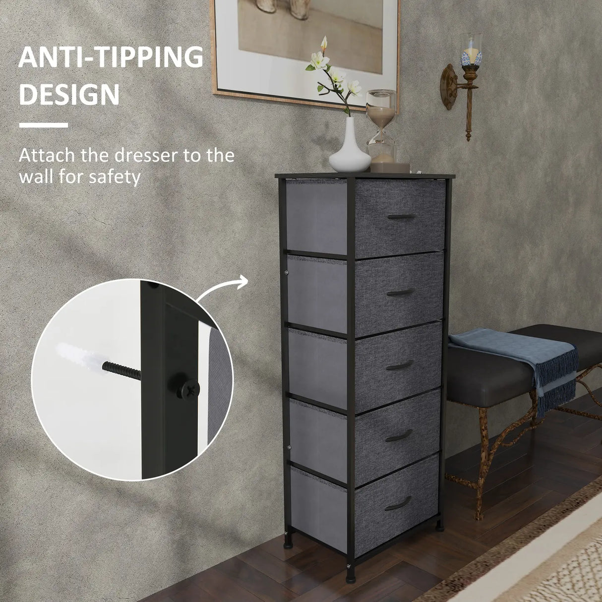 HOMCOM Fabric Chest of Drawers, Industrial Bedroom Dresser with 5 Fabric Drawers, Steel Frame and Wooden Top for Nursery, Living Room, Hallway, Dark Grey