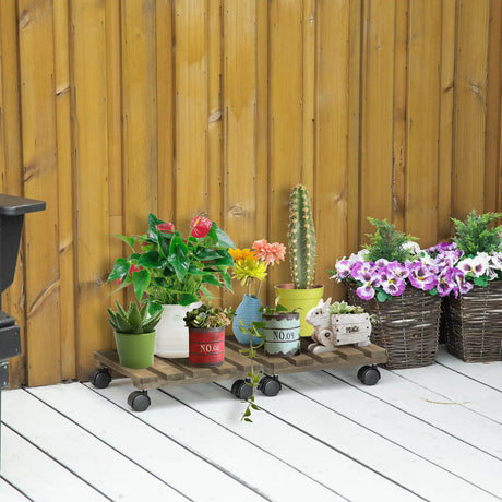 Outsunny 2 Pack Plant Caddy with Wheels, 30 cm Square Wooden Plant Pot Trolley, Pot Caddy for Outdoor Patios, Decks and Indoors, Dark Brown