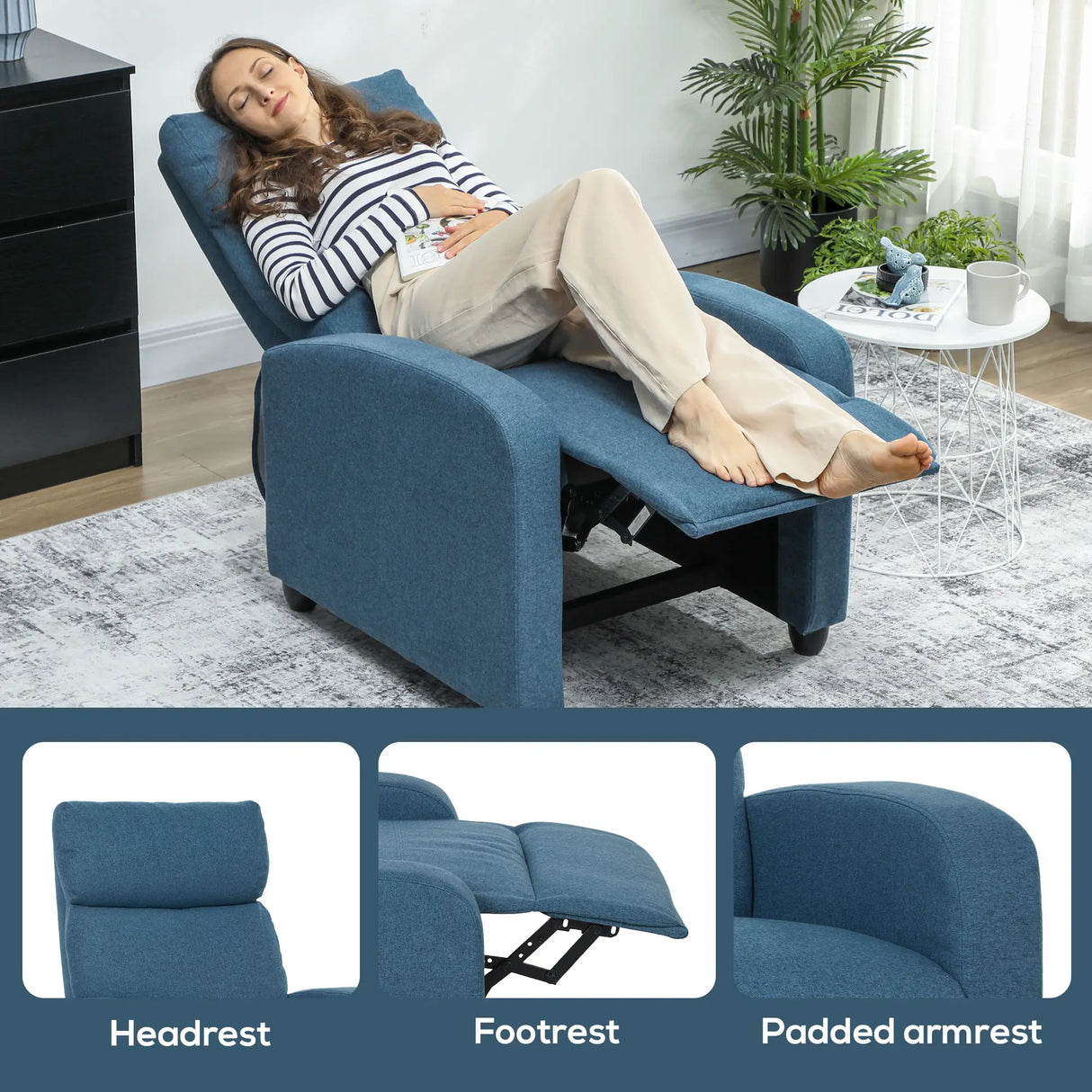 HOMCOM 135 Push Back Recliner Armchair, with Footrest - Blue