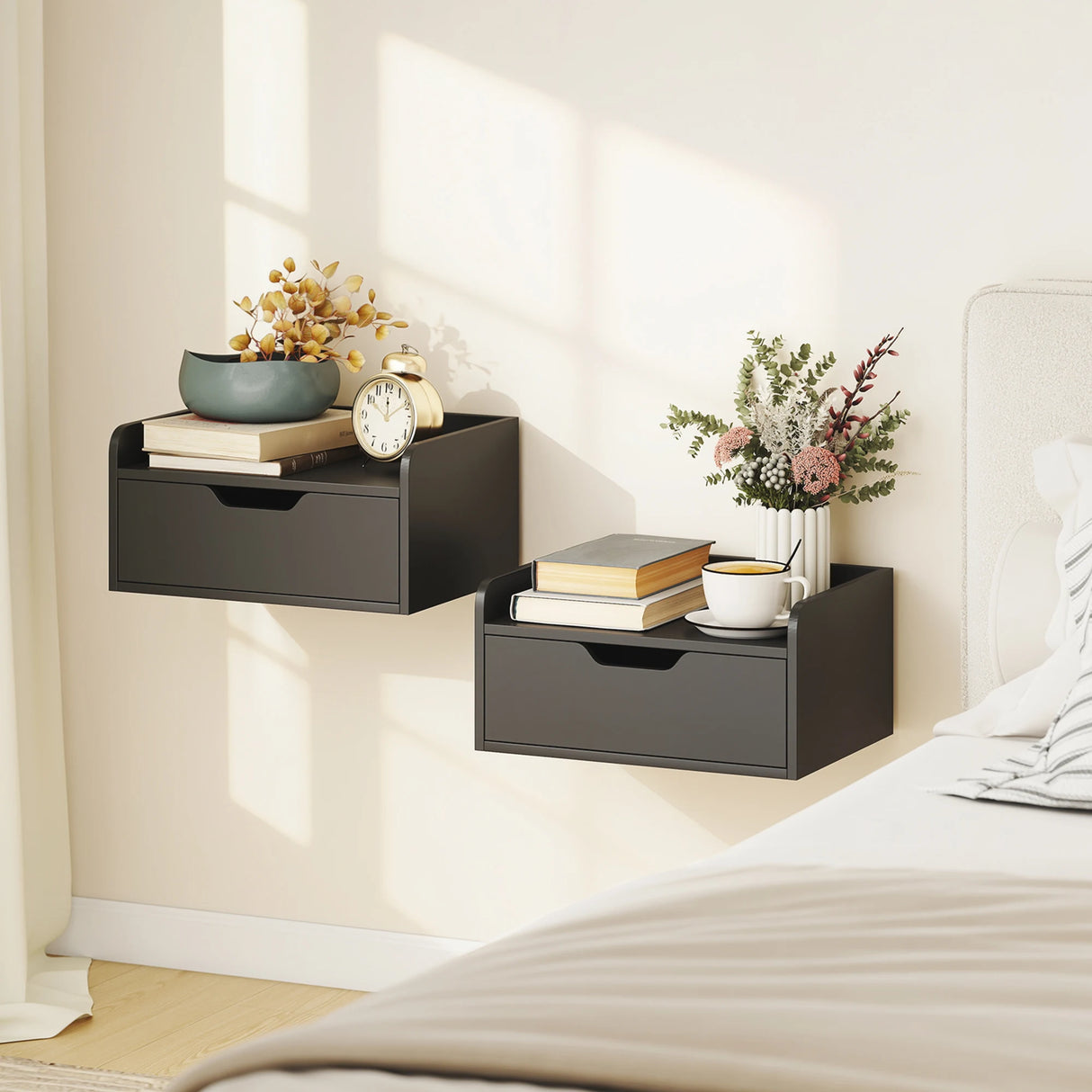 HOMCOM Floating Nightstands Set of 2, Wall Mounted Bedside Table with Drawer for Bedroom, Black