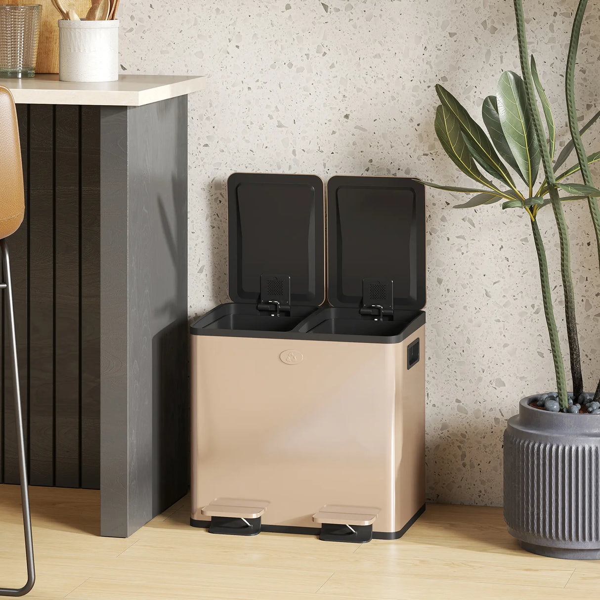 HOMCOM 30L Dual Compartment Stainless Steel Bin, with Deodoriser Holders - Gold Tone