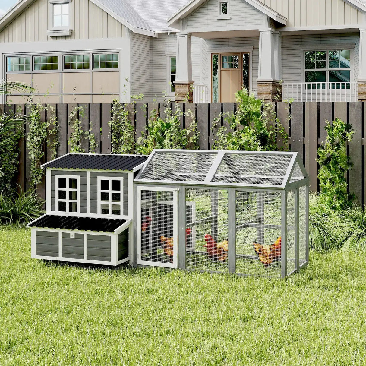 PawHut 2-Piece Wooden Chicken Coop and Run Set, Poultry Run Cage with Nesting Box, Slide-Out Tray, Roof, Perch