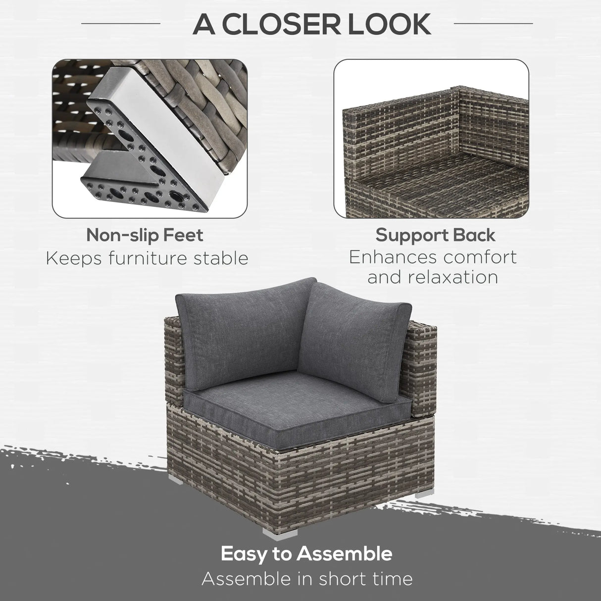 Outsunny Outdoor PE Rattan Corner Sofa, Garden Wicker Furniture Single Sofa Chair w/ Cushions, Deep Grey