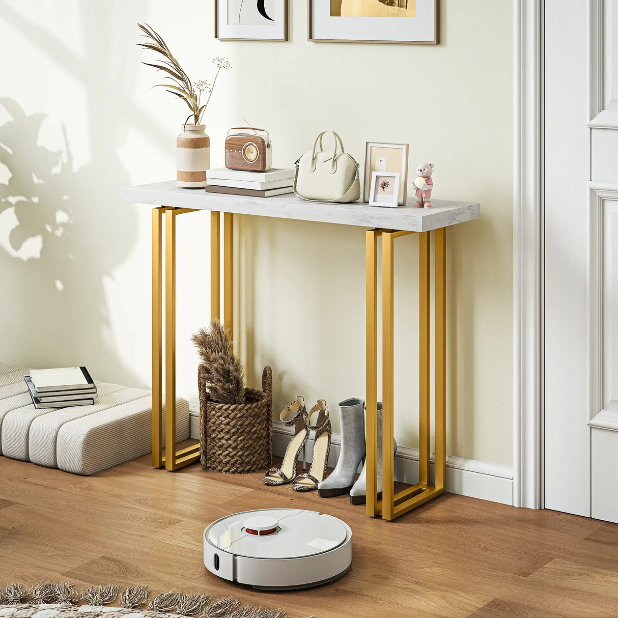 HOMCOM 100 cm Console Table with Faux Marble Top, Narrow Entryway Table with Anti-tipping Device, White