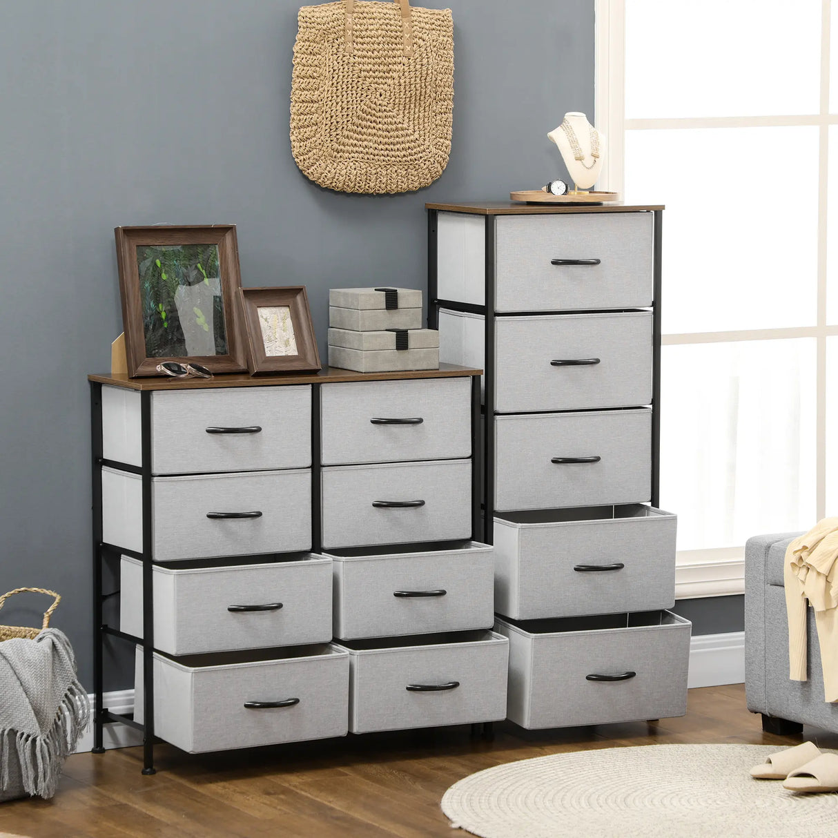 HOMCOM Fabric Chest of Drawers, Industrial Bedroom Dresser with 5 Fabric Drawers, Steel Frame and Wooden Top for Nursery, Living Room, Hallway, Grey