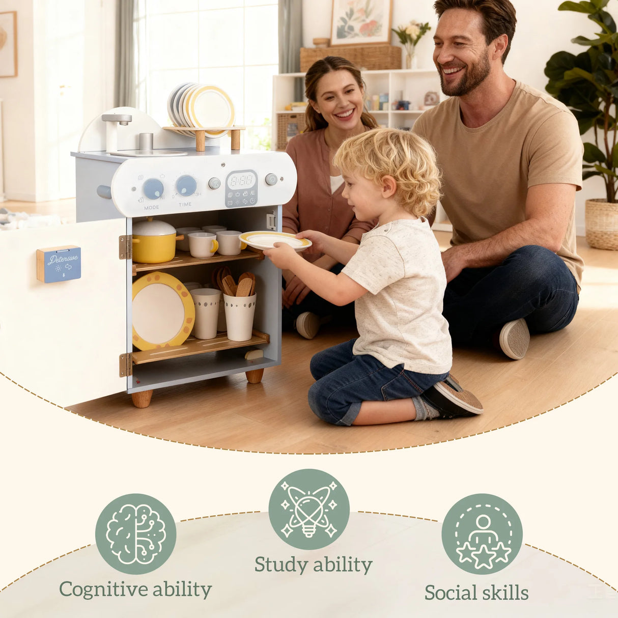 AIYAPLAY Wooden Dishwasher Playset, Kitchen Sink Toys with Faucet, Sink and Accessories, Gift for Boys Girls Toddlers