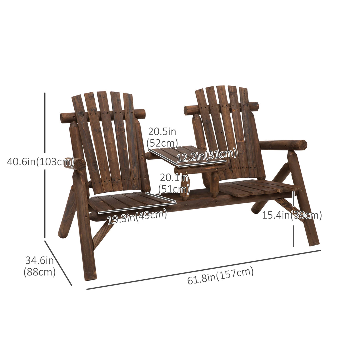 Outsunny Wood Patio Chair Bench 2 Seats Jack and Jill Seat w/ Center Coffee Table, Garden Bench, Carbonized