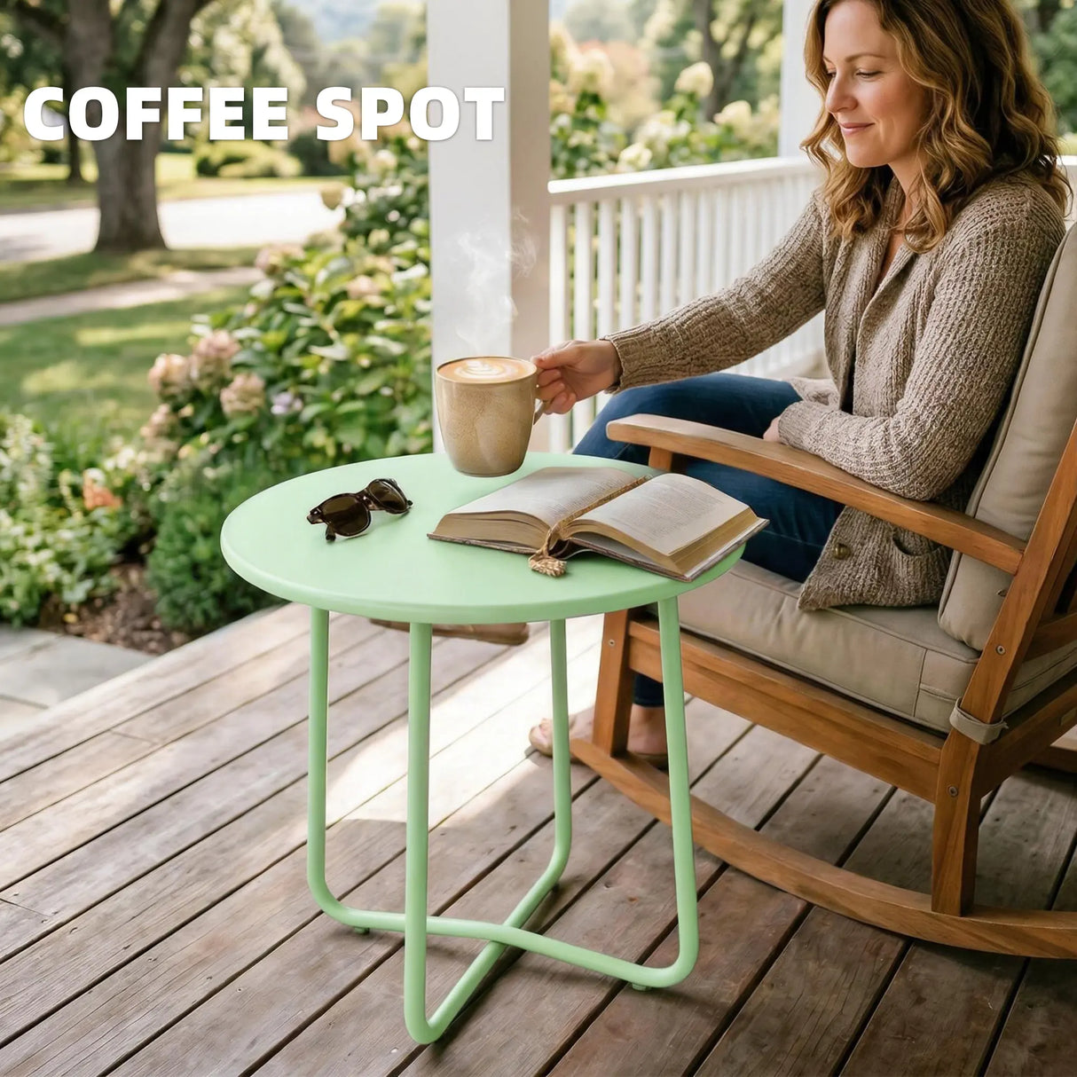 Outsunny 48 cm Round Garden Side Table, Small Metal Outdoor Garden Table with Rolled Edge, Green