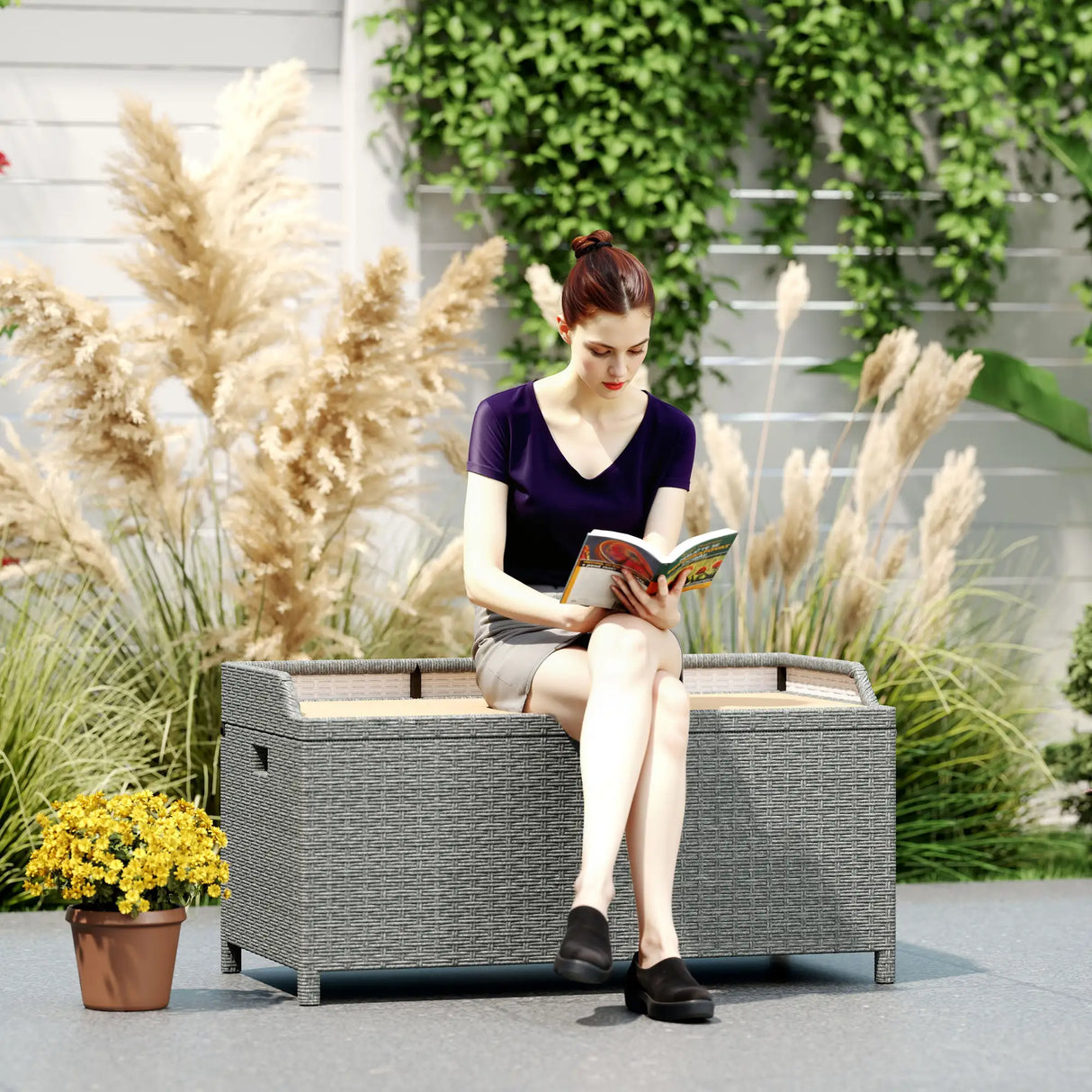 Outsunny 130 L Rattan Garden Storage Box, with Seat - Grey