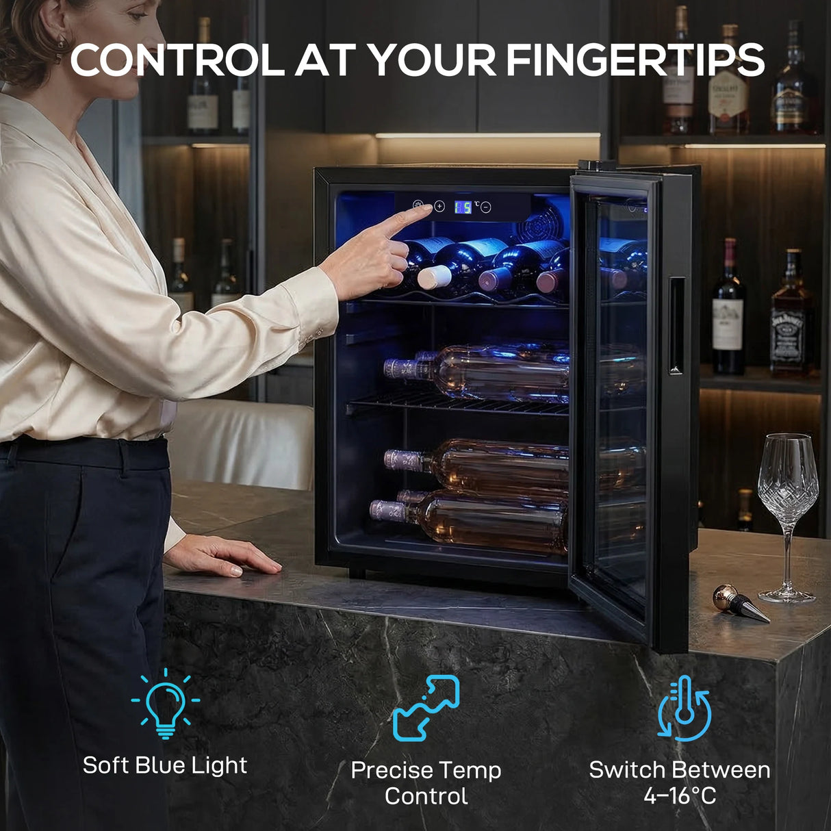 HOMCOM 16 Bottle Wine Cooler, 48 Litre Capacity, 4-16C Under Counter Drinks Beer Wine Fridge with Glass Door, LED Light, Black