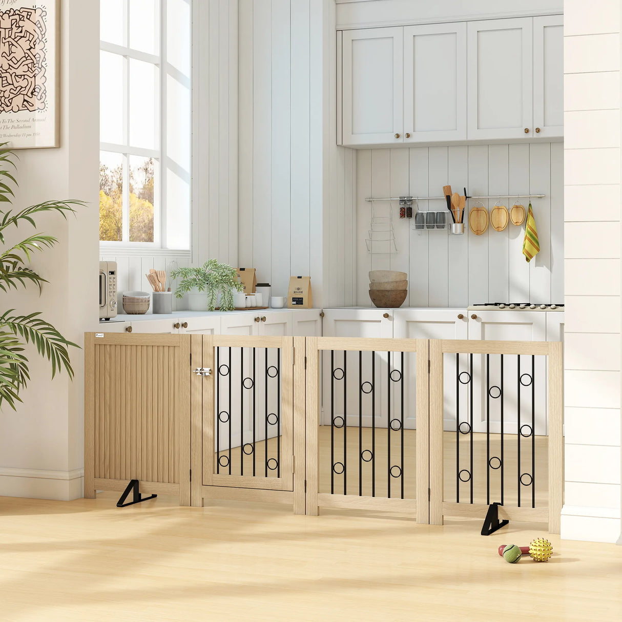 PawHut 4 Panel Freestanding Pet Gate, Indoor Dog Barrier with Lockable Door, Support Feet, 360 Flexible Hinges, Oak