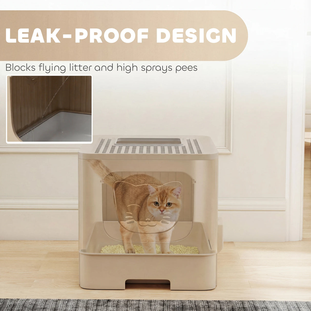 PawHut Foldable Cat Litter Box with Lid, Slide-Out Drawer, Scoop, Easy Clean, Odour Control, Anti-Splashing, Khaki