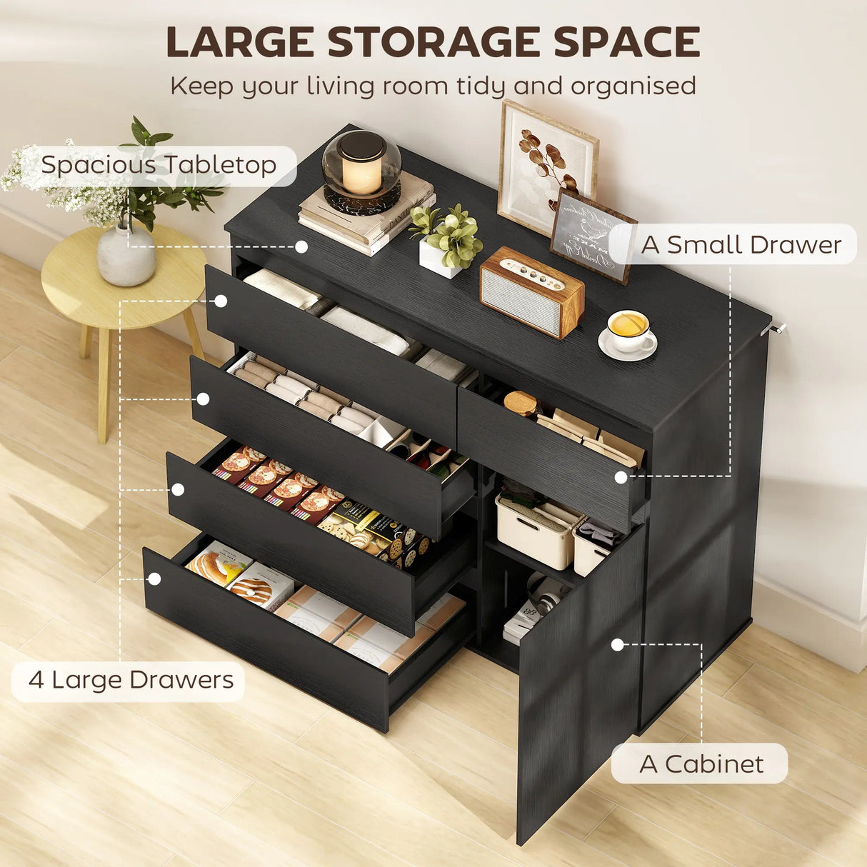 HOMCOM Modern Sideboard, Sideboard Storage Cabinet with 5 Drawers, Adjustable Shelf, Soft-Close Door, Black