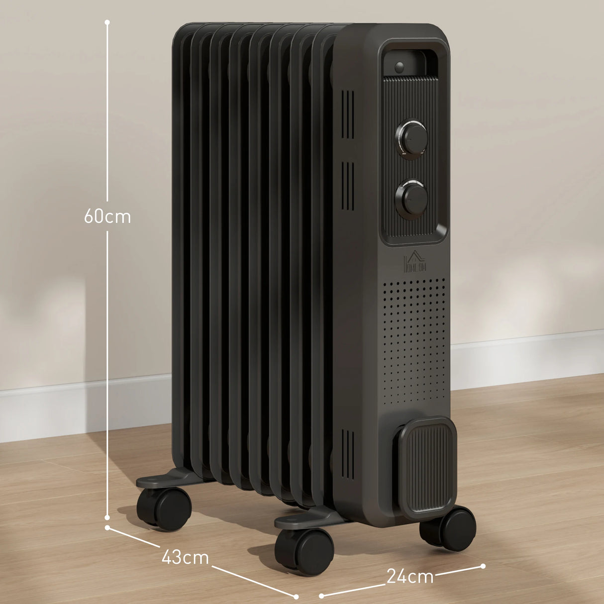HOMCOM 2000W Oil Filled Radiator, 9 Fin, Portable Electric Heater with 3 Heat Settings, Safety Cut-Off and Wheels, Grey