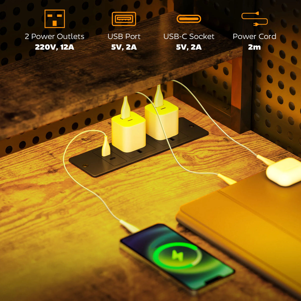 HOMCOM Computer Desk with Power Outlets and LED Lights, Home Office Desk with Monitor Stand, 2 CPU Stands and Storage Shelves, Study Table Gaming Desk with Hutch, Rustic Brown