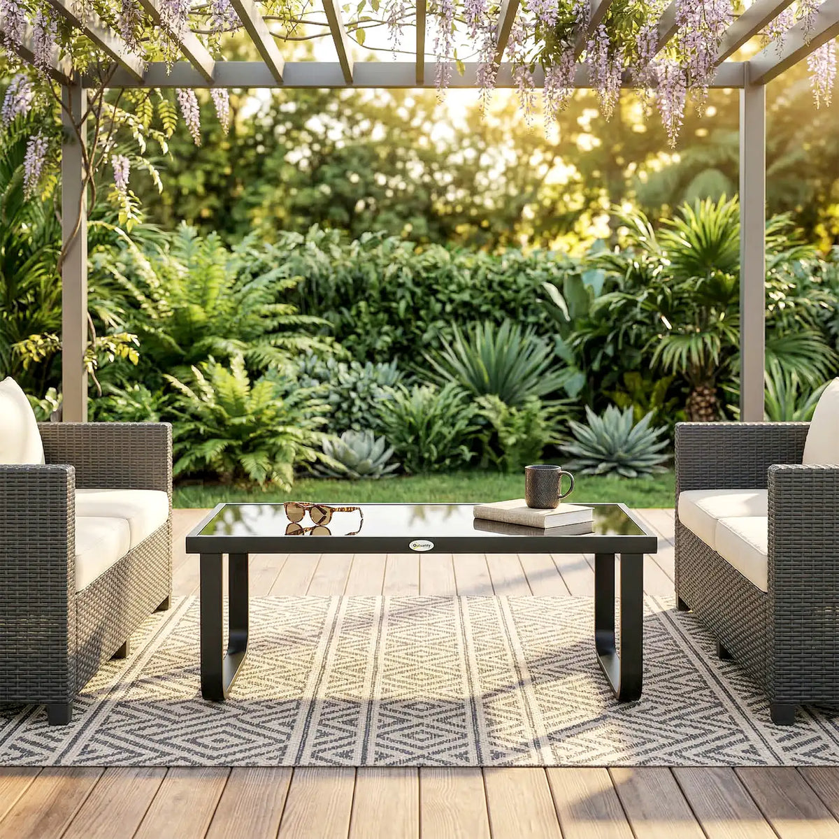 Outsunny Outdoor Garden Coffee Table, Rectangle Metal Side Table with Tempered Glass Tabletop, Adjustable Foot Pads