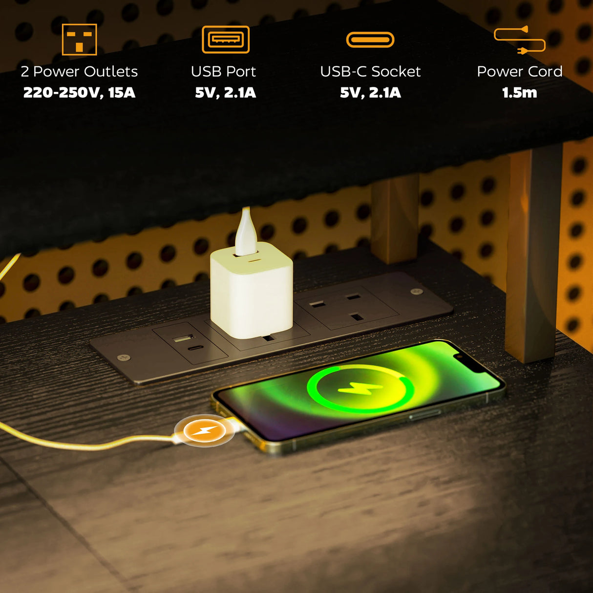 HOMCOM LED Computer Desk, with Power Outlets and Shelves - Black