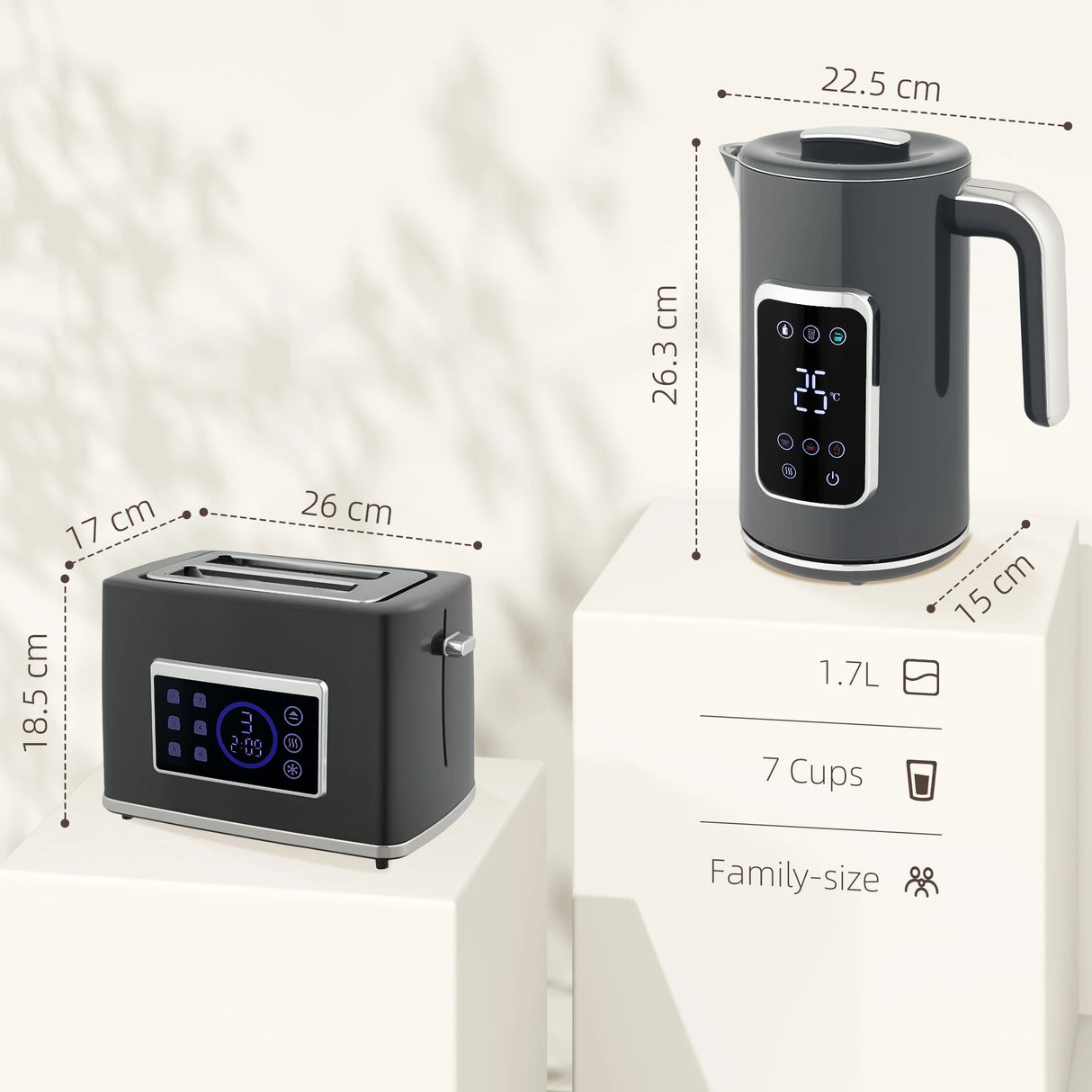 HOMCOM Touch Screen Kettle and Toaster Set - Grey