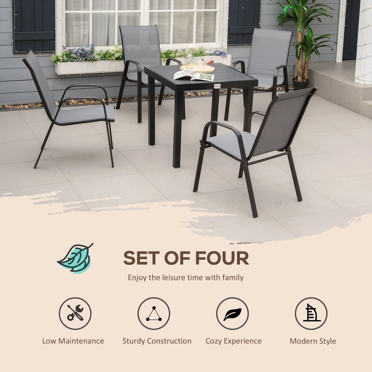 Outsunny Set of Four Stackable Mesh Seat Chairs - Dark Grey