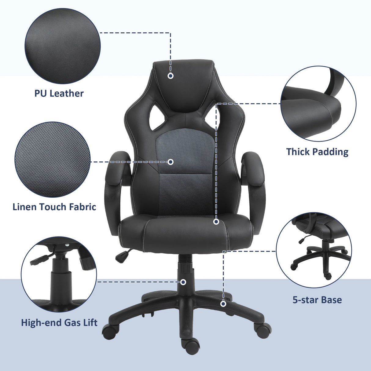 Vinsetto Office Chair Faux Leather Swivel Computer Desk Chair for Home Office with Wheels Armrests Black