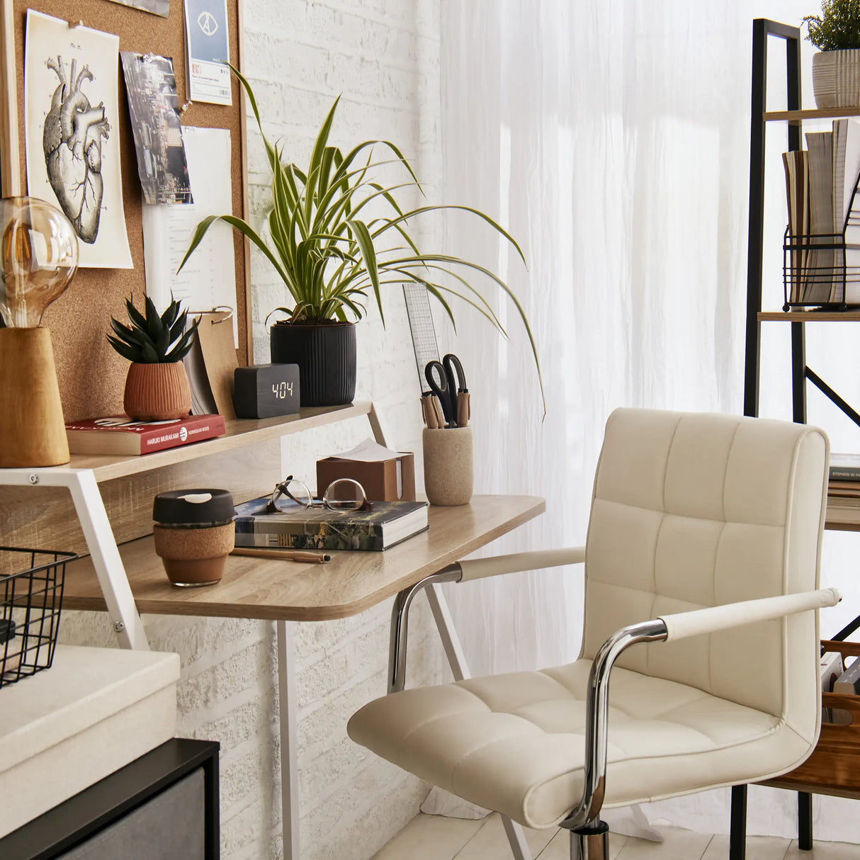 HOMCOM Home Office Chair and Computer Desk Set, Faux Leather Desk Chair with Swivel Wheels, Study Desk with Storage Shelf, White