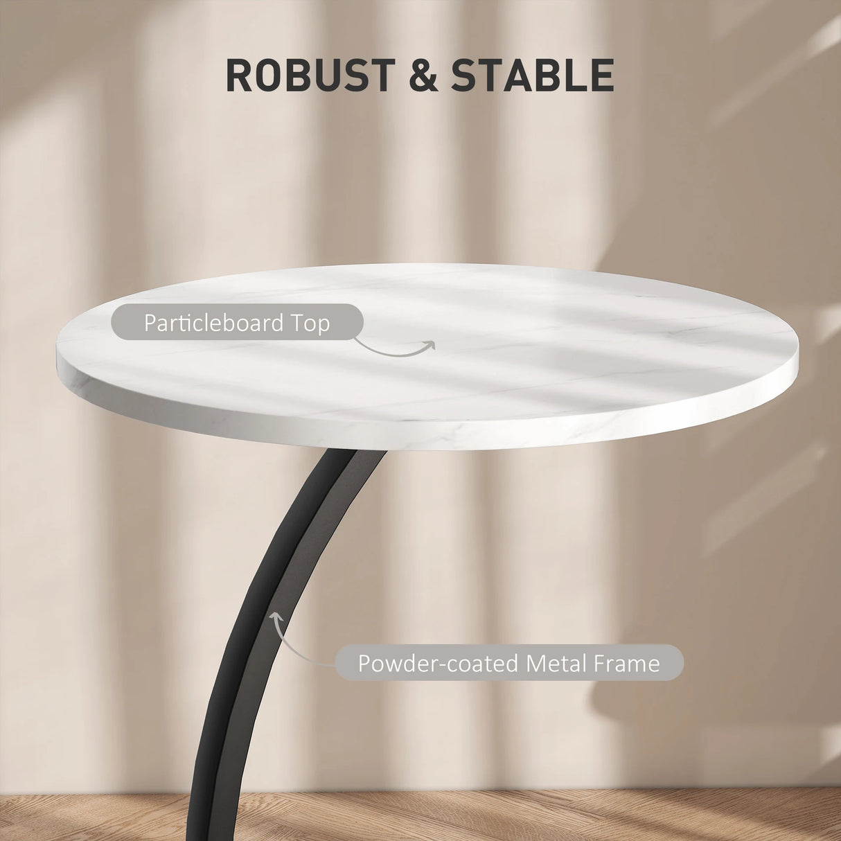 HOMCOM C Shaped Side Table, Round Bedside Table with Marble Effect Top, Modern Coffee Table Sofa End Table with Metal Frame for Living Room Bedroom Office, White