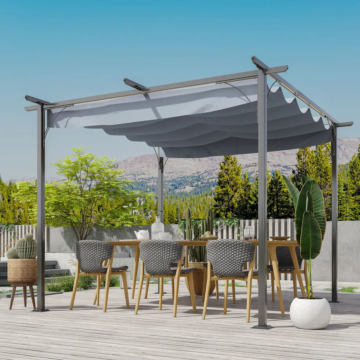 Outsunny 3 x 3(m) Metal Retractable Pergola, Garden Gazebo Metal Pergola Canopy Outdoor Sun Shade Shelter for Party BBQ, Grey