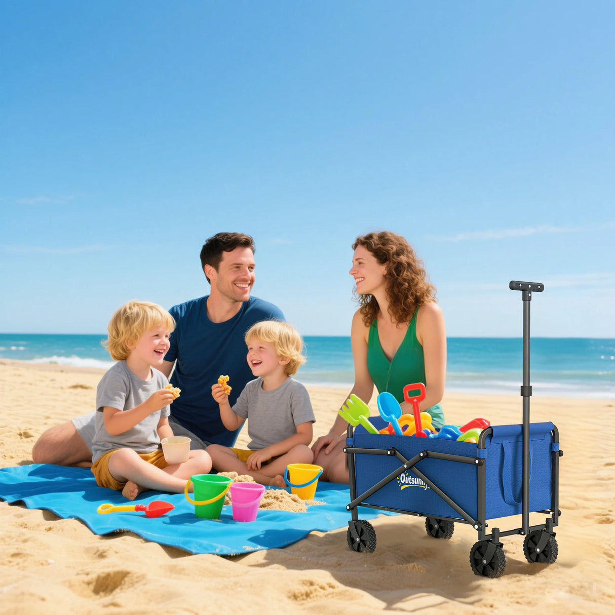 Outsunny 41L Festival Trolley on Wheels, Small Garden Folding Trolley Cart, 60kg Heavy Duty Collapsible Folding Wagon with Adjustable Handle and Carrying Bag for Beach, Camping, Festival, Blue
