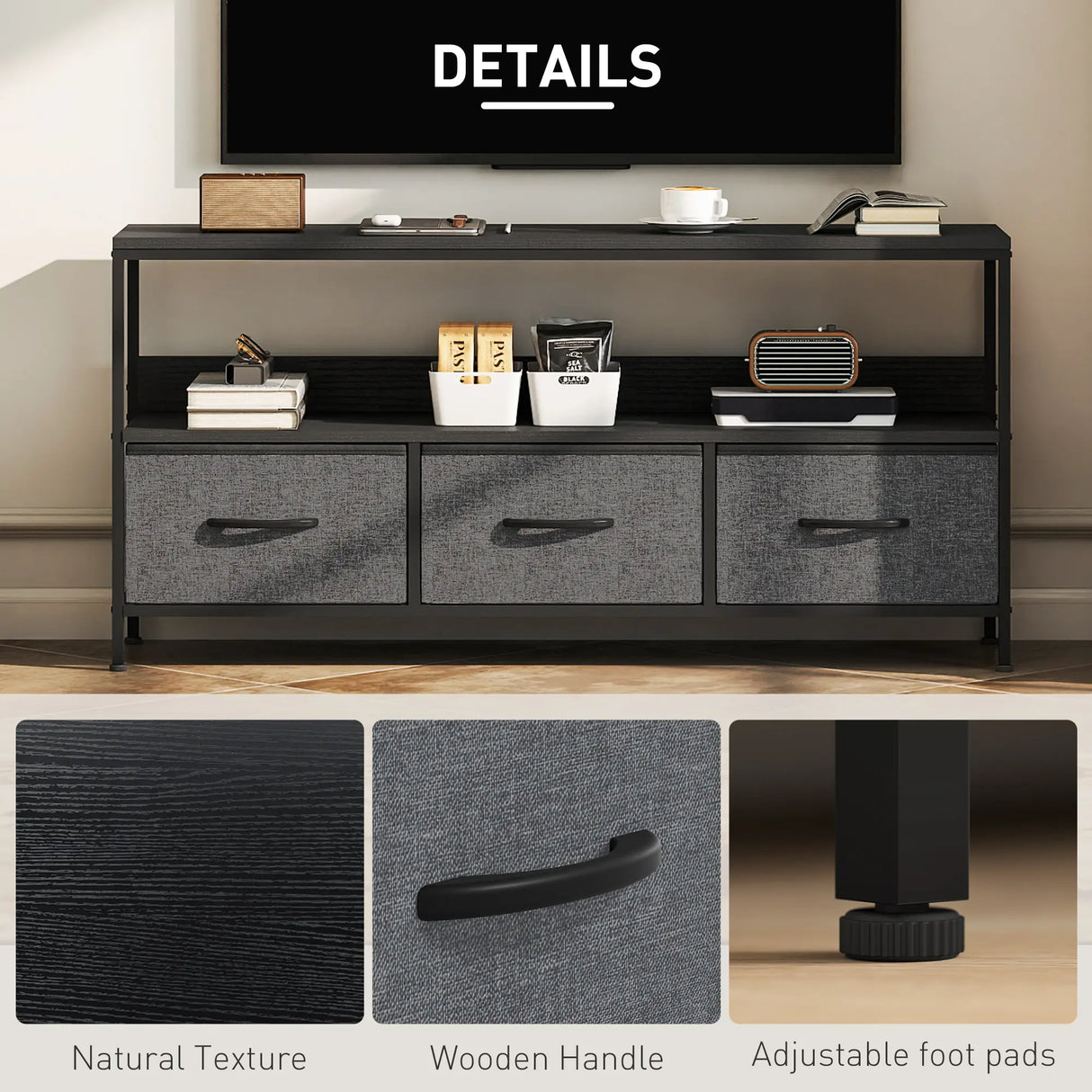 HOMCOM TV Stand Cabinet with 3 Foldable Drawers - Black