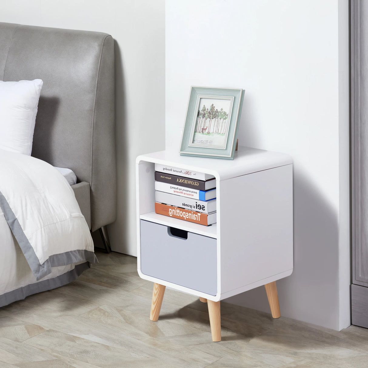 HOMCOM Wooden Bedside Table End Nightstand With Drawer Wood Lamp Desk Storage Unit Bedroom Scandinavian Nordic Style