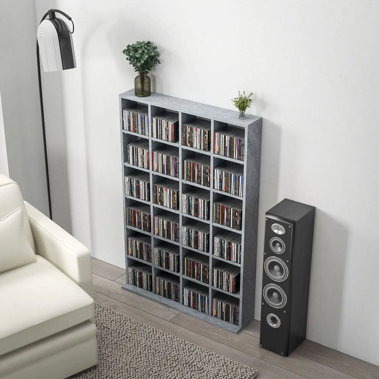 HOMCOM CD Storage Unit with Adjustable Shelves, 89 x 130.5 cm, Cement Grey