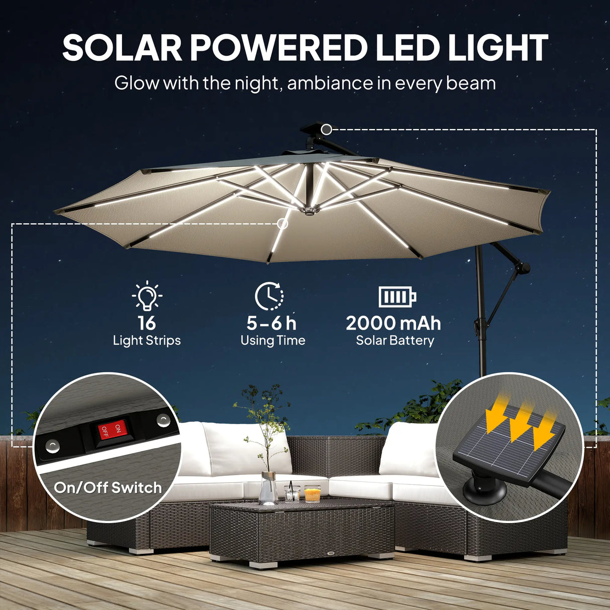 Outsunny 3 m Garden Cantilever Parasol with LED Solar Light, Round Overhanging Umbrella with 360 Rotation, Cover, Grey