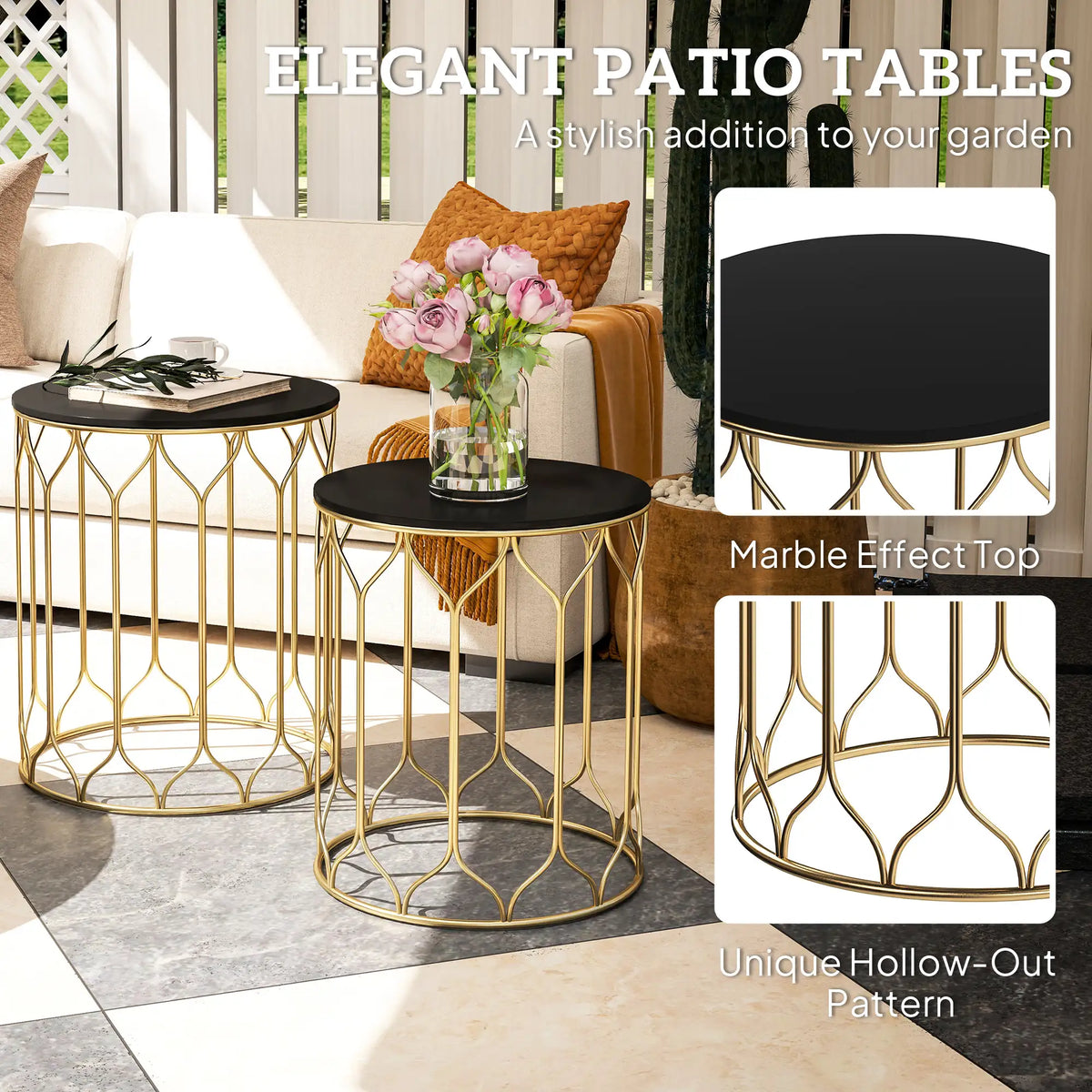 Outsunny Round Coffee Table Set of 2, Modern Nesting Tables with Ceramic Tile Top, Small End Tables, Indoor Outdoor Side Table with Metal Frame for Living Room, Bedroom, Patio, Balcony, Black