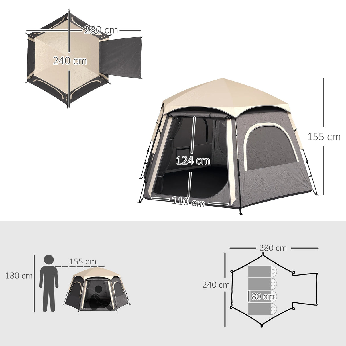 Outsunny Instant Pop Up Camping Tent, 2/3/4 Person Easy Setup Dome Family Tent with Vestibule, Rainfly, 4 Mesh Windows & 2 Doors, Hexagonal Design, Waterproof & UV Protected, Dark Grey