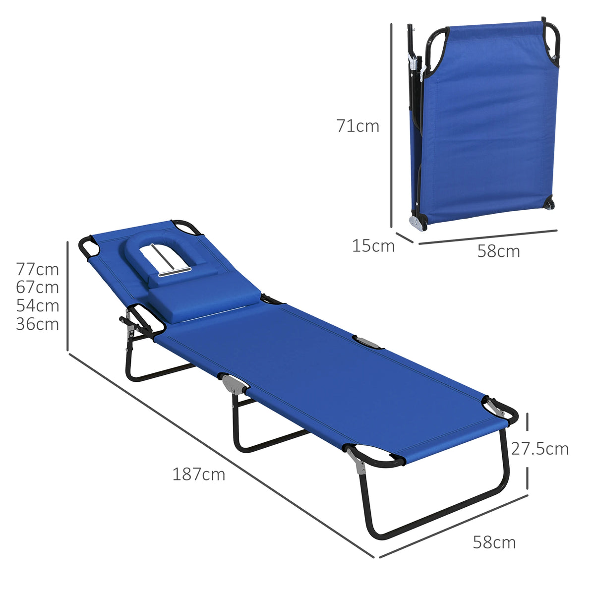 Outsunny Folding Sun Loungers Set of 2 with Face Hole, 4-Position Adjustable Backrest Garden Recliner Chairs Sunbeds, Outdoor Lounge Chairs with 600 D Oxford Cloth Seat, Pillow for Beach, Blue
