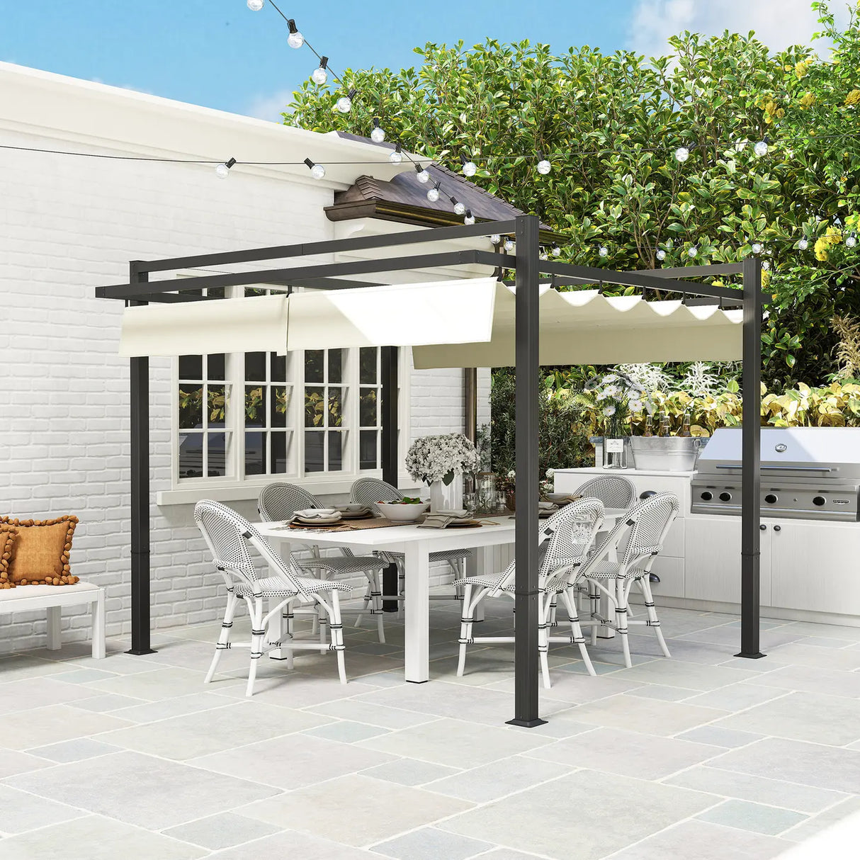 Outsunny 3 x 3m Aluminium Pergola, with Retractable Roof - Grey/Khaki