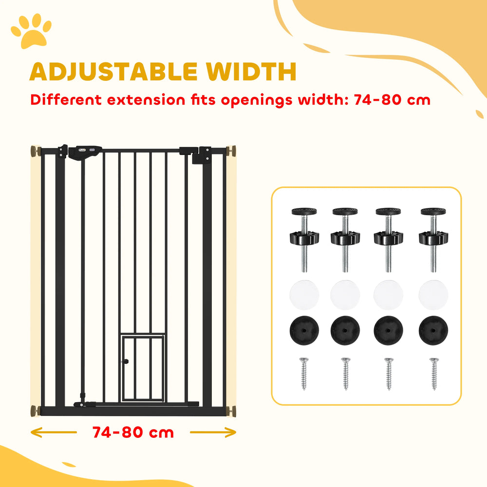 PawHut Extra Tall Pet Gate, Indoor Dog Safety Gate, with Cat Flap, Auto Close, 74-80cm Wide - Black