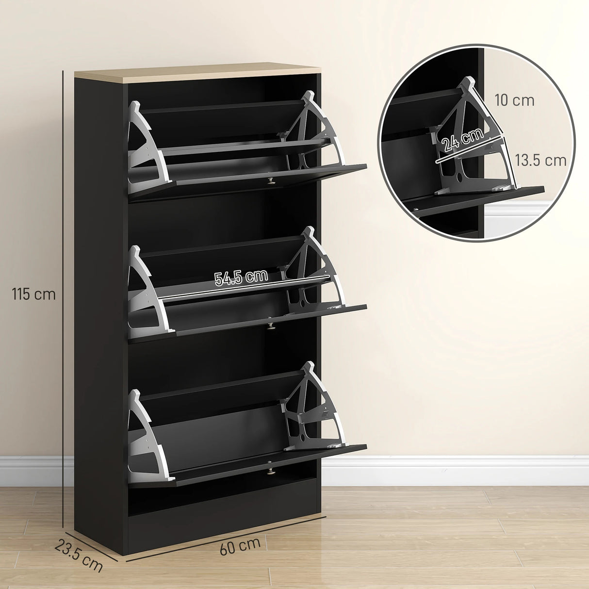 HOMCOM Modern Compact Three-Drawer Shoe Storage Cabinet - Black