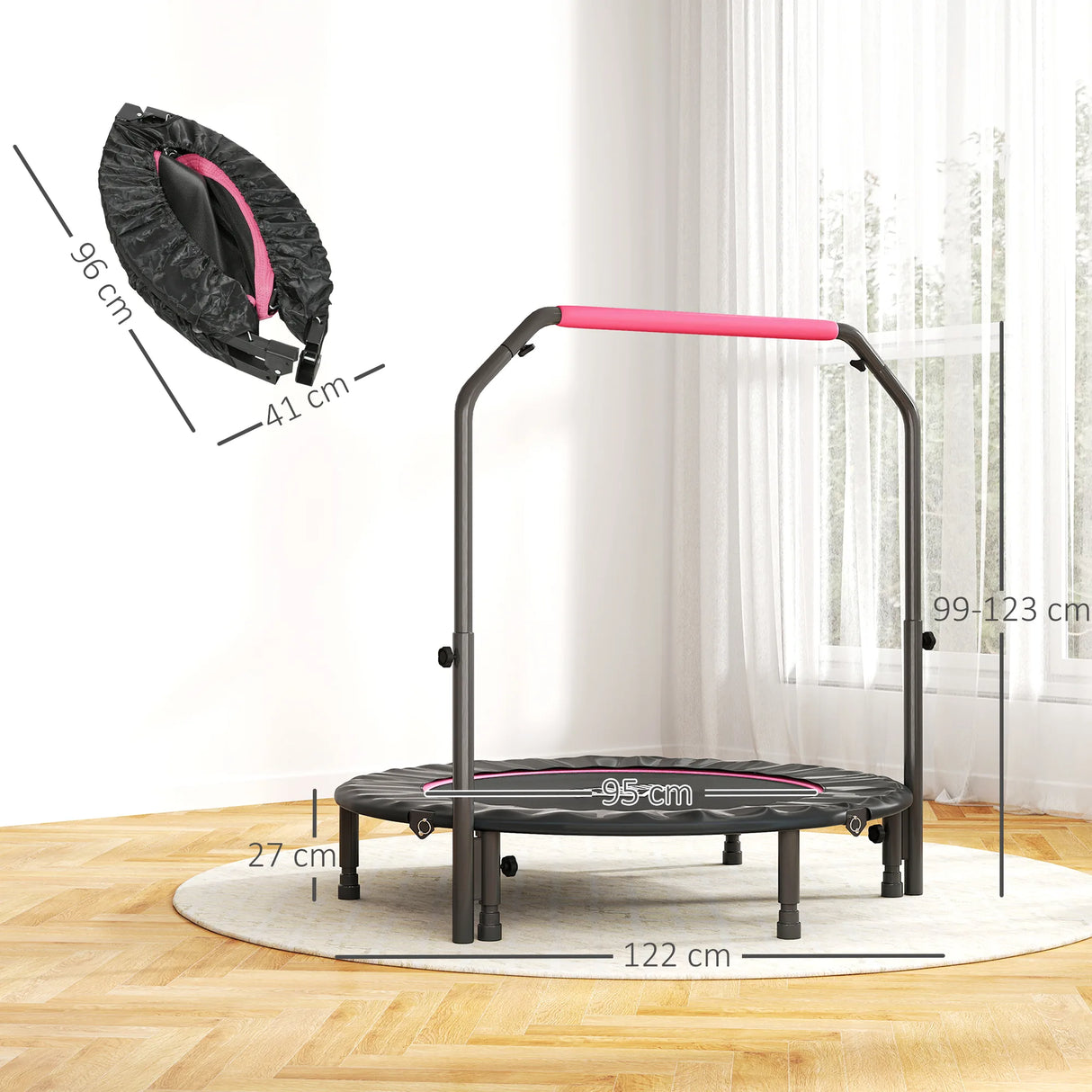 HOMCOM 48" Foldable Mini Fitness Trampoline, with Adjustable Foam Handle, Pink